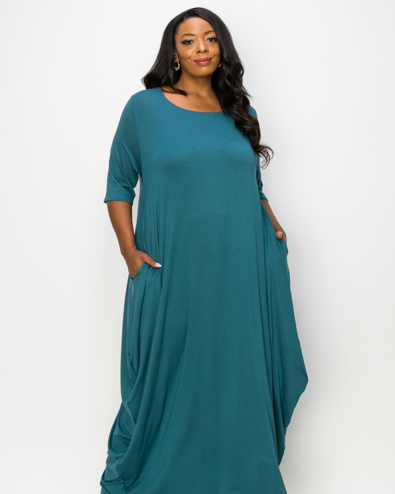 Front of a model wearing a size 3X Nevaeh Midi Dress in Dark Jade by L I V D. | dia_product_style_image_id:243921